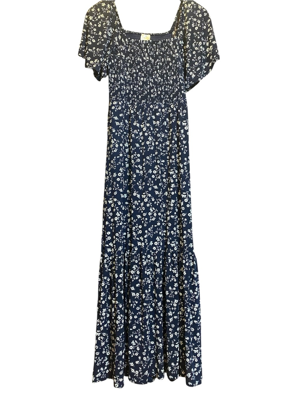 Floral smocked tier maxi Cottagecore romantic navy blue tall flutter sleeves